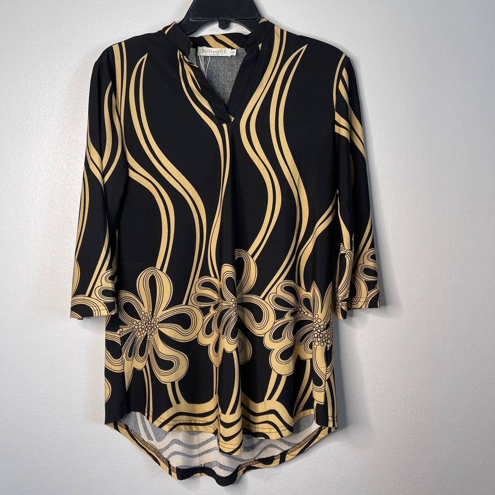 Black Golden Yellow Graphic Print Tunic Size Small Stretch Travel Packable Small